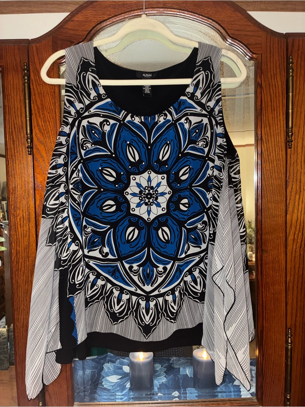 Alfani Blue and Black Printed Cold-Shoulder Tunic